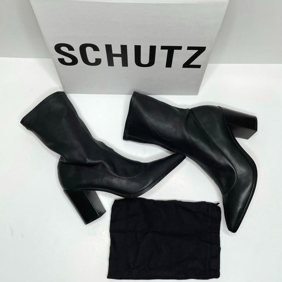 NIB SCHUTZ AMELLIE LEATHER MID CALF SOCK BOOTS IN BLACK SZ  9.5 - 6.5 - Picture 1 of 12